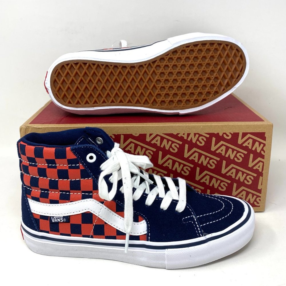 VANS Sk8-Hi Pro Checkerboard Navy Red Suede Canvas Shoes Womens Size VN000VHGW7E - Picture 3 of 10